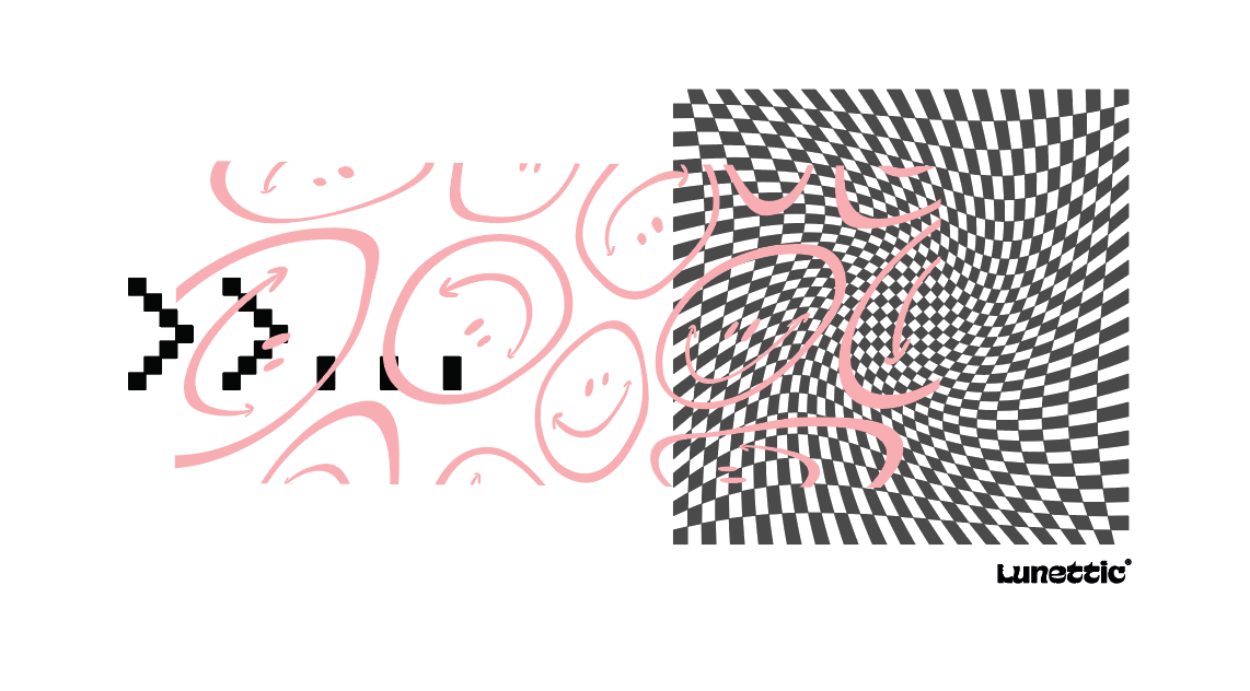 Melting smiley faces in pink on white, cut through by a warped checkerboard
