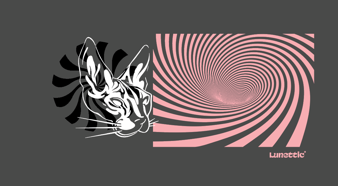 White-outlined sphynx cat on charcoal, beside a hypnotic pink spiral