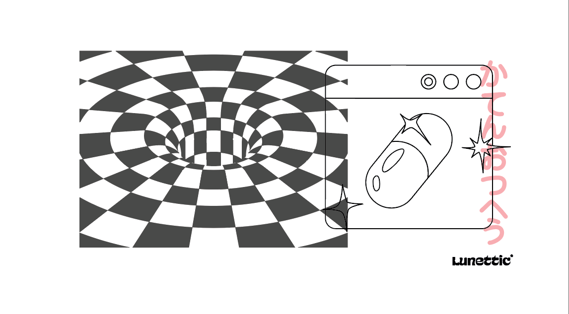 Checkerboard tunnel beside a hand-drawn window and pink katakana